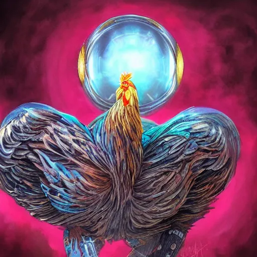 Prompt: Surprised Chicken Oracle looking into a magic crystal ball, concept art, insanely detailed and intricate, hypermaximalist, elegant, ornate, hyper realistic, super detailed, Art Deco, cinematic, trending on artstation, magic the gathering artwork, centered