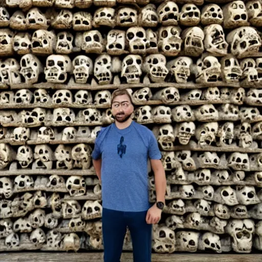 Image similar to a man standing in front of a hut made of skulls, photo, detailed, 4k