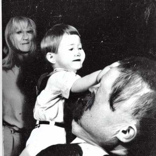 Prompt: black and white photo of me. rogers slapping a child across the face
