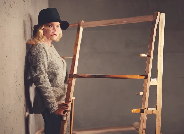 Prompt: photo still of tuesday weld climbing a ladder, 8 k, studio lighting bright ambient lighting key light, 8 5 mm f 1. 8