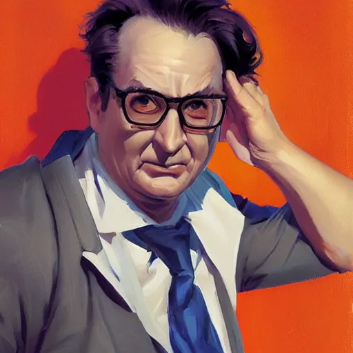 Image similar to greg manchess portrait painting of ghostbuster dr. raymond stantz overwatch character, medium shot, asymmetrical, profile picture, organic painting, sunny day, matte painting, bold shapes, hard edges, street art, trending on artstation, by huang guangjian and gil elvgren and sachin teng