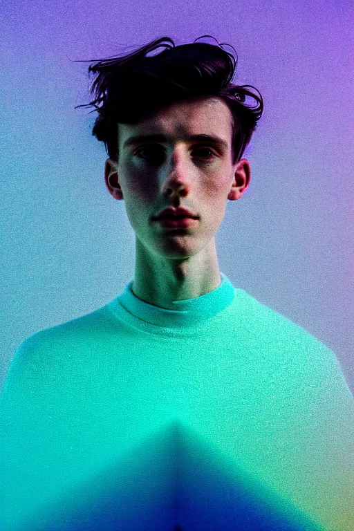 Image similar to high quality pastel coloured film mid angle selfie photograph of a beautiful young 2 0 year old male, soft features, black hair, standing in an icelandic black rock environment. atmospheric. three point light. photographic. art directed. ( pastel colours ). volumetric light. sheen. waves glitch. 8 k. filmic.