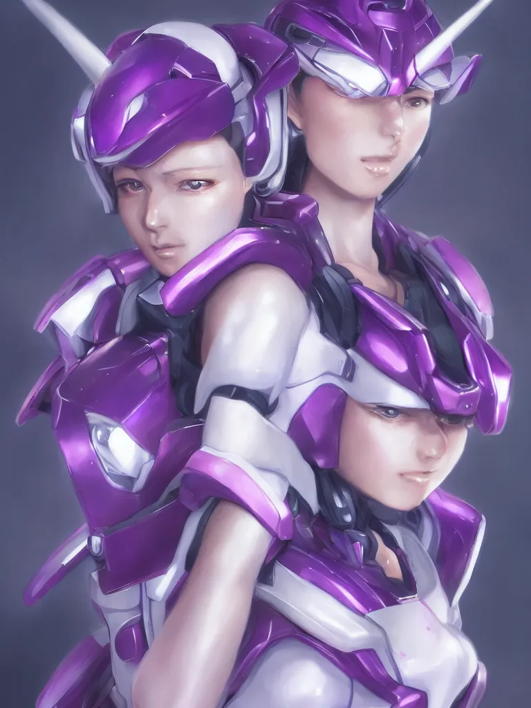 Prompt: A realistic anime portrait of a woman in a Gundam suit with glowing purple, digital painting, by Stanley Artgerm Lau, Sakimichan, WLOP and Rossdraws, digtial painting, trending on ArtStation, SFW version