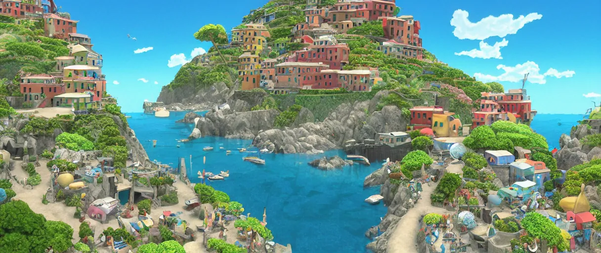 Prompt: pixar 3D render, by studio ghibli, (french bande dessinée), solarpunk, year 1244, fantasy setting, jrpg, mediterranean landscape, quaint old village, cinq terre, highly detailed, luminous, white rock, bright beautiful teal sky and sea, very sunny, light radiosity, concept art