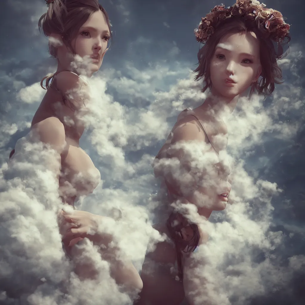 Image similar to beautiful girl in full gown blowing clouds, beautiful portrait, character concept style trending on artstation concept art detailed octane render cinematic photo - realistic 8 k high detailed