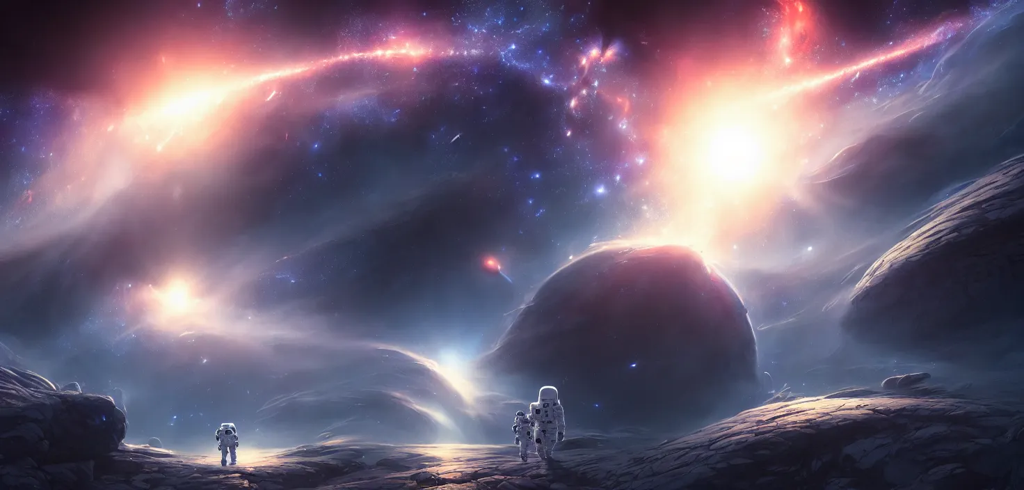 Image similar to astronaut cosmonaut discovery of new worlds of galaxies panorama, fantasy portal to far universe. astronaut space exploration, gateway to another universe, cinematic view, epic sky, detailed, concept art, low angle, high detail, warm lighting, volumetric, godrays, vivid, beautiful, trending on artstation, by jordan grimmer, huge scene, art greg rutkowski