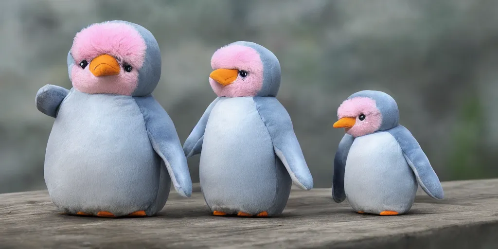 Image similar to 3 d precious moments plush penguin with realistic fur and an blue / white / gray / green / pink / tan / mid pink / blue gray color scheme, snowy mountain landscape, master painter and art style of john william waterhouse and caspar david friedrich and philipp otto runge