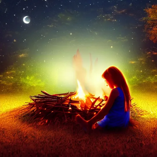 Prompt: 3 d, night, moon rays, close - up, a girl, bonfire, fireflies, photo realistic