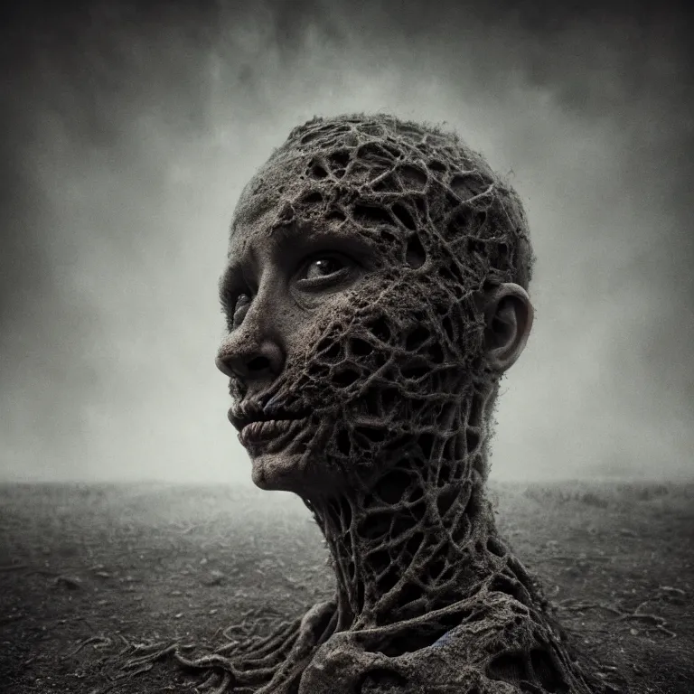 Image similar to ribbed abandoned face portrait, baroque painting, standing in a desolate empty wasteland, creepy, nightmare, dream-like heavy atmosphere, surreal abandoned buildings, beautiful detailed intricate insanely detailed octane render trending on Artstation, 8K artistic photography, photorealistic, chiaroscuro, Raphael, Caravaggio, Beksinski, Giger