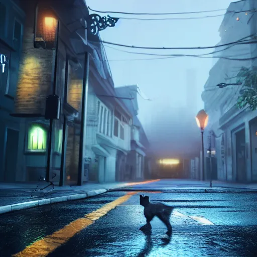 Prompt: kitten walks the empty street in a rainy day, led lights around the place, digital painting, ultra detailed, unreal engine 5,