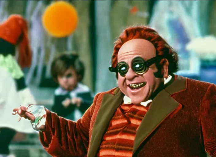 Image similar to film still of Danny Devito as an Oompa Loompa in Willy Wonka and the Chocolate Factory 1971