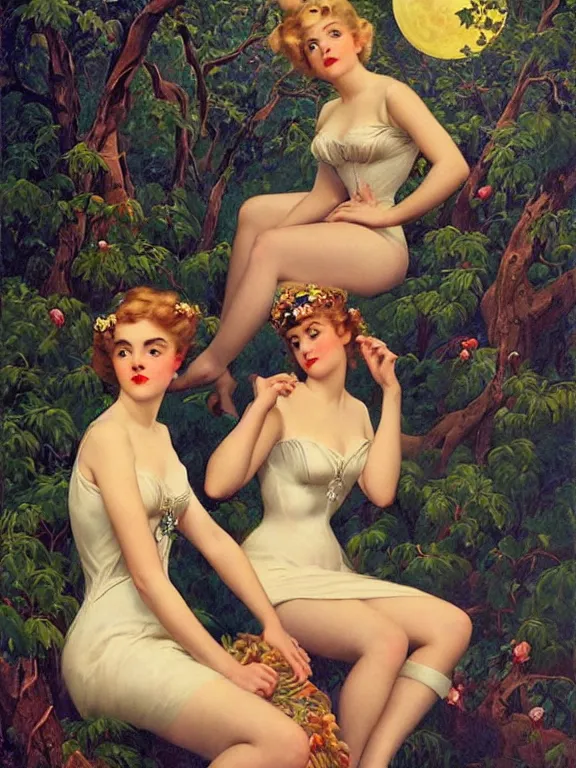 Image similar to Kiernan shipka as the three graces, a beautiful art nouveau portrait by Gil elvgren, Moonlit forest environment, centered composition, defined features, golden ratio, silver jewelry