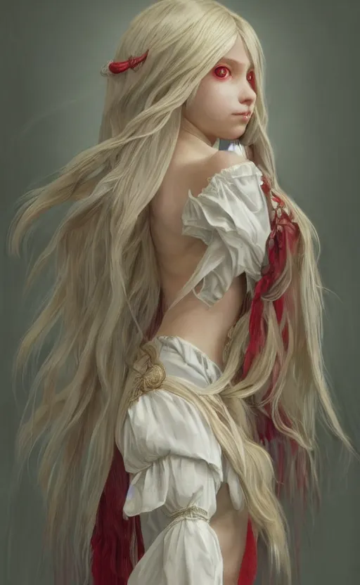 Image similar to full body shot of a young girl with blond twin tail hair and red eyes standing in front of a white wall, intricate details, eerie, highly detailed, photorealistic, octane render, 8 k, unreal engine, art by artgerm and greg rutkowski and alphonse mucha