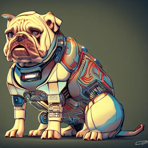 Image similar to « a comic styled cyborg bulldog sitting down, cyberpunk digital art by greg rutkowsky, illustration, future tech, sketchfab »