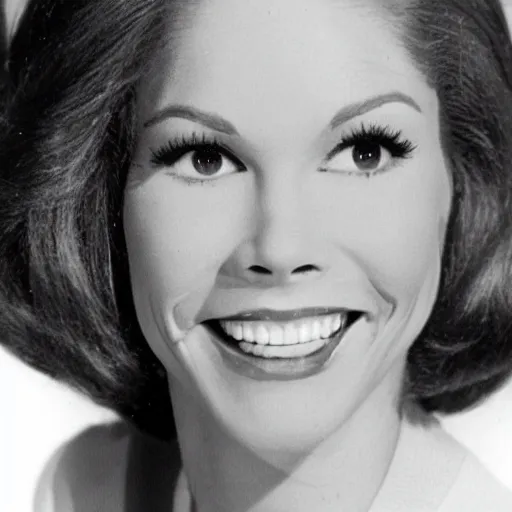 Image similar to A photo of Mary Tyler Moore in her younger days in a black and white photo. The date of the photo is 1963.