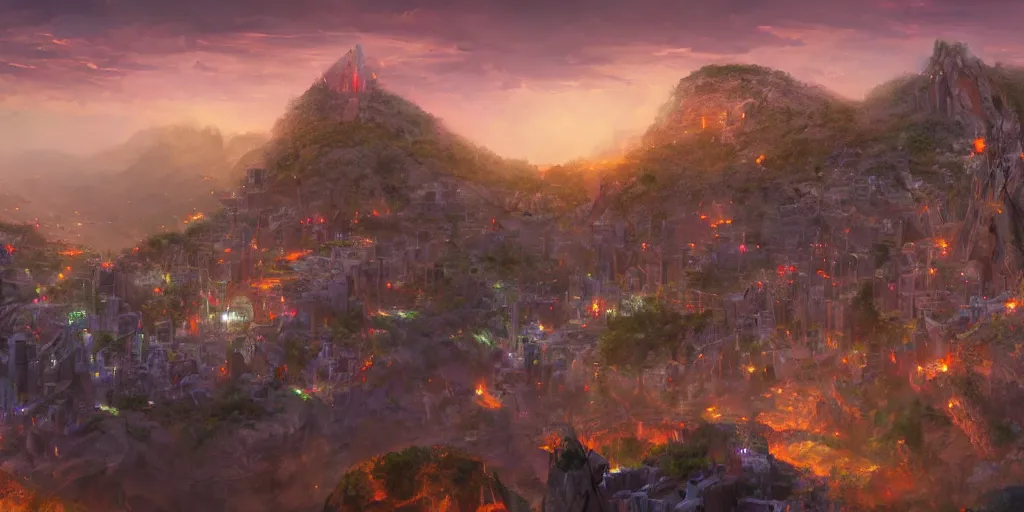 Prompt: an african city in a valley bordered by a fortress on the mountain side with three towers, multicolored spirits flying in the skies and three tiny silhouettes standing on the cliff overlooking the city, fantasy art, cinematic volume lighting, 4k, illustration, epic scene, trending on artstation, art by Sebastian Luca