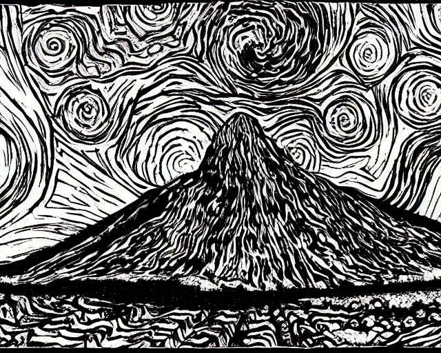 Image similar to a volcano at night, artwork by junji ito and van gogh, junji ito, van gogh