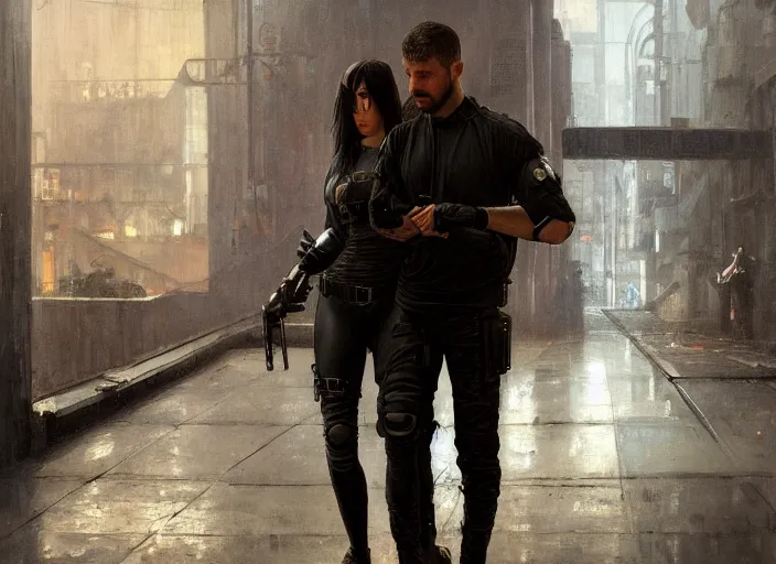 Image similar to Maria evades sgt Nash. Cyberpunk hacker wearing stealth suit hiding from police patrol (blade runner 2049, cyberpunk 2077). Dark industrial plant. Orientalist portrait by john william waterhouse and James Gurney and Theodore Ralli and Nasreddine Dinet, oil on canvas. Cinematic, hyper realism, realistic proportions, dramatic lighting, high detail 4k