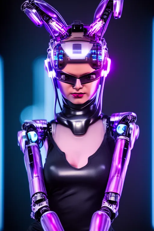 Prompt: cybernetic ultra high tech female robot with cat ears, neo - rococo, sci - fi, cyberpunk, high tech, futurism, exoskeleton, symmetry, cinematic, elegant, luxury, perfect light, perfect composition, dlsr photography, sharp focus, 8 k, ultra hd, sense of awe, highly detailed, realistic, intricate, science journal cover