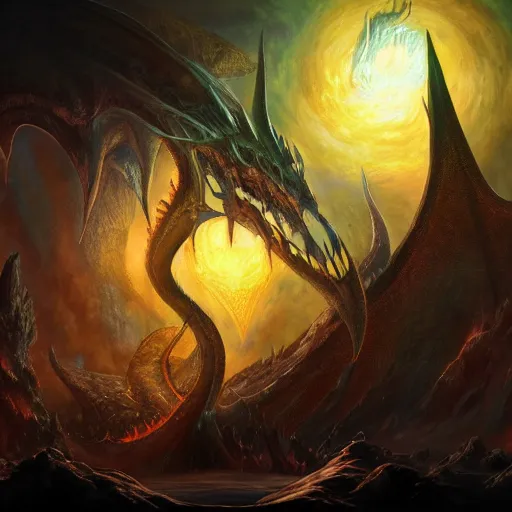 Prompt: the return of nicol bolas, in the style of magic the gathering, art by raymond swanland and svetlin velinov, cosmic, terrifying, cosmic horror, intricate detail, cinematic, 8 k, cel shaded, unreal engine, featured on artstation, pixiv