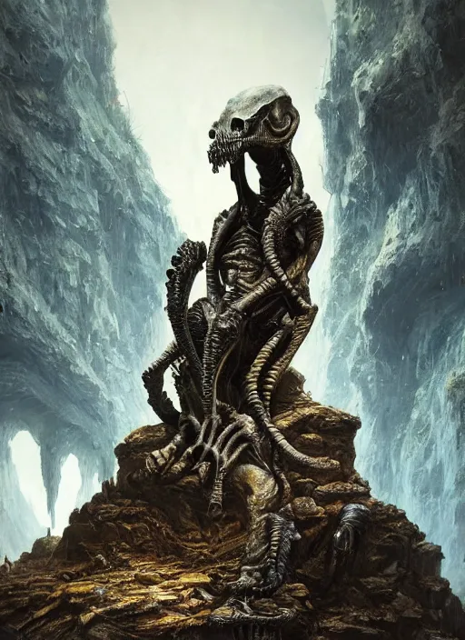 Image similar to hyper realistic photography of intricate horrific alien bone god sitting on ruined ornamented rock throne in a rocky cave detailed, greg rutkowski, ross tran, moebius, lovecraft, artstation, cgsociety