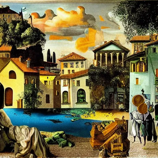 Image similar to solarpunk dreaming new York stock exchange in a toscana landscape with modern houses, painted by Salvador Dali, highly detailed