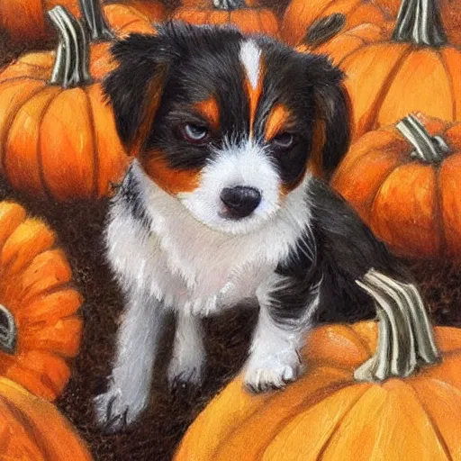 Prompt: a cute long haired jack russell puppy, white with brown spots and a brown patch over each eye, amidst piles of pumpkins. halloween autumn fall art. beautiful painting by henriette ronner - knip and artgerm and greg rutkowski