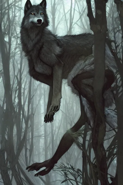 Image similar to full figure beautiful young fit antrophomorphic male wolf, bared teeth and long claws, frozen scene, by greg rutkowski and alphonse mucha, d & d character, gradient black to silver, in a forest at night, highly detailed portrait, digital painting, artstation, concept art, smooth, sharp focus illustration, artstation hq