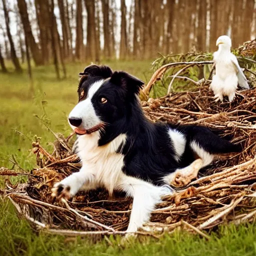 Prompt: a border collie protecting a baby eagle and human infant who are both in a nest in a forest, beautiful, golden hour, impressionist