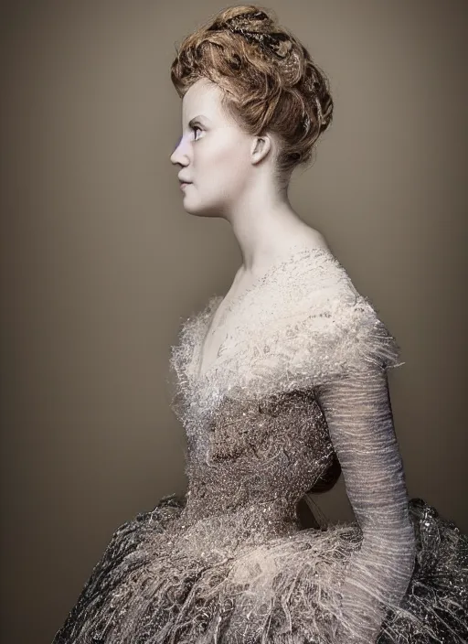 Prompt: hyperrealistic very detailed photograph portrait of a young woman in a haute couture dress, photo studio