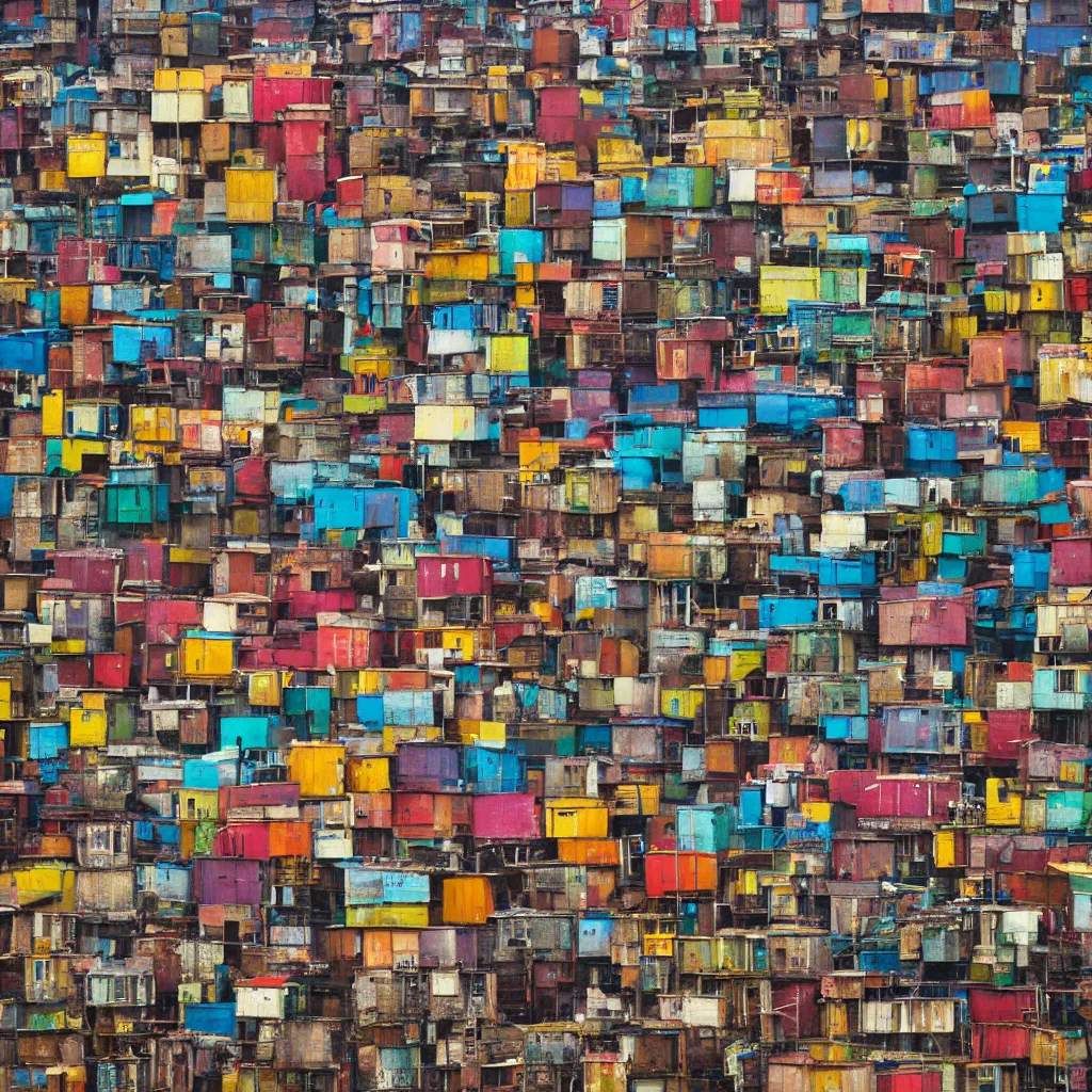 Prompt: colourful vertically densely stacked makeshift squatter shacks, suspended over a quagmire, plain uniform sky at the back, misty, mamiya, ultra sharp, very detailed, photographed by alejandro jodorowsky