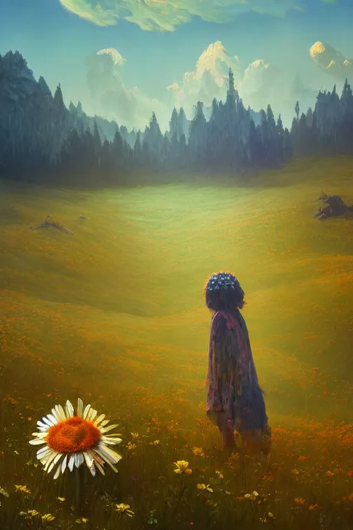 Image similar to giant daisy flower head, in the mountains, surreal photography, sunrise, dramatic light, impressionist painting, colorful clouds, digital painting, artstation, simon stalenhag