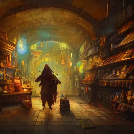 Prompt: Anthropomorphized Parrot shopkeeper, magic the gathering artwork, D&D, fantasy, shelves full, in shop, cinematic lighting, centered, highly detailed, digital painting, artstation, concept art, smooth, sharp focus, illustration, volumetric lighting, 8k, art by Akihiko Yoshida and Greg Rutkowski