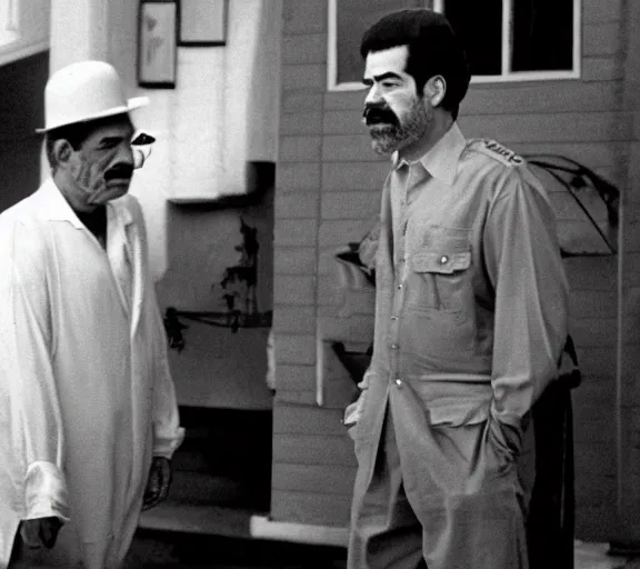 Prompt: Saddam Hussein and Bill Clinton in The Lighthouse. Directed by Robert Eggers, black and white on grainy film, expressionist horror