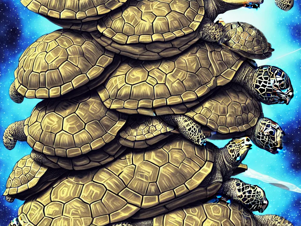 Image similar to portrait of a stack of celestial turtles with the flat earth on the back of the top one, white and gold scales, fantasy, intricate, highly detailed, digital painting, artstation, concept art, smooth and sharp focus