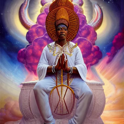 Prompt: obatala the cosmic god sitting on a throne of nebula clouds, by Adi granov and thomas blackshear and afarin sajedi in a psychedelic portrait style, matte painting, volumetric lighting, piercing eyes, detailed face, orisha, 8k, hd