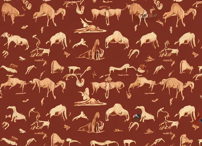 Image similar to painted pattern which depicts figures of ancient hunters, mammoths and buses, rock cave painting, red ocher