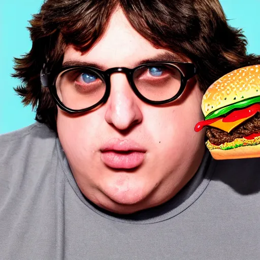 Image similar to andy milonakis eating a burger, 4 k, ultra high detail, photorealistic