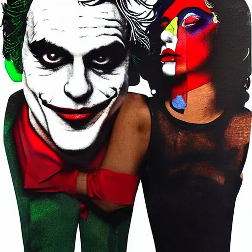 Image similar to mimmo rottela and banksy as joaquin phoenix skinny joker holding hand lady gaga harley queen, very realistic, intricate details, pop art style, concept art, confident, love, random object movement, 3 colours, proportional, warm color, 4 k, ultra smooth, sharp focus