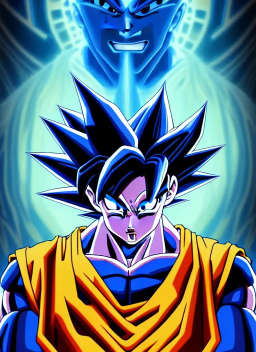 Image similar to symmetry!! portrait of goku blue, dragon ball z, global illumination!! intricate, elegant, highly detailed, digital painting, artstation, concept art, smooth, sharp focus, illustration, art by artgerm and greg rutkowski and alphonse mucha