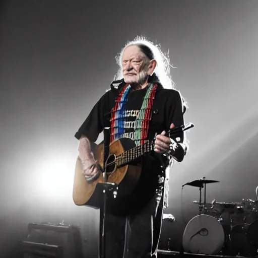 Image similar to willie nelson on stage, four fingers holding guitar. god rays through fog.