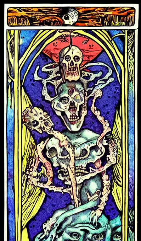 Image similar to full - color 1 5 0 0 s tarot - card illustrated in the style of clive barker depicting scenes of death and torment in the underworld. highly - detailed ; mystical ; horror.