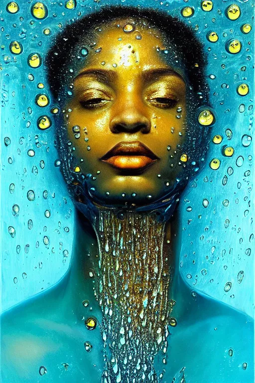 Image similar to hyperrealistic precisionist cinematic profile very expressive! oshun goddess, in water! john everett millais, mirror dripping droplet!, gold flowers, highly detailed face, digital art masterpiece, smooth eric zener cam de leon, dramatic pearlescent turquoise light on one side, low angle uhd 8 k, shallow depth of field