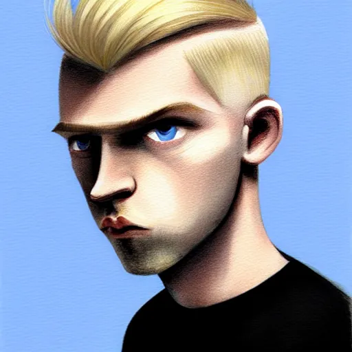 Image similar to thin blond man with blond hair long on top short down the sides, blond beard, small chin, thin nose, thin lips, english heritage, small blue eyes, small ears, pale skin, narrow face, digital art, painterly, cartoon, cute, 8k, illustration, art by loish, painterly, trending on artstation, medium shot, uncropped