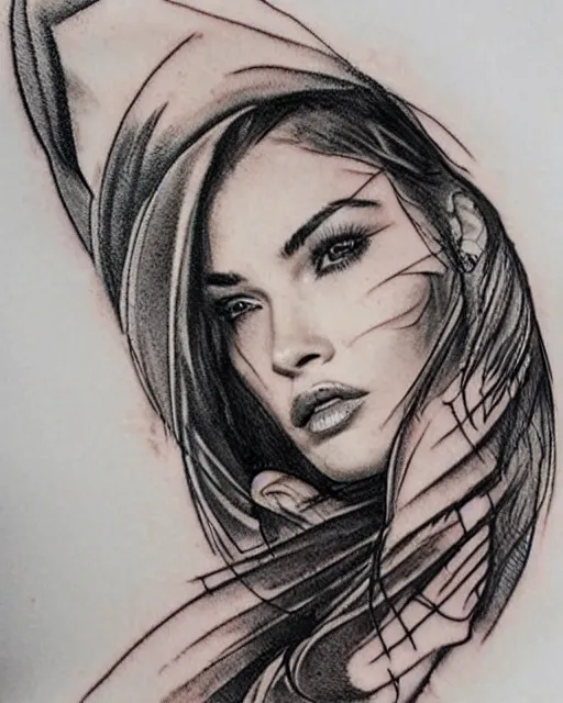 Image similar to double exposure effect tattoo design sketch of megan fox with beautiful mountains, realism tattoo, in the style of andrey lukovnikov, amazing detail, sharp