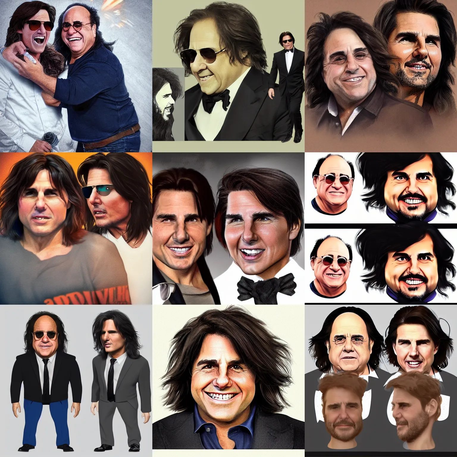 Prompt: danny devito with tom cruise\'s hair, full head of hair, long flowing hair and long bangs by nick silva, trending on artstation, instagram, 4k