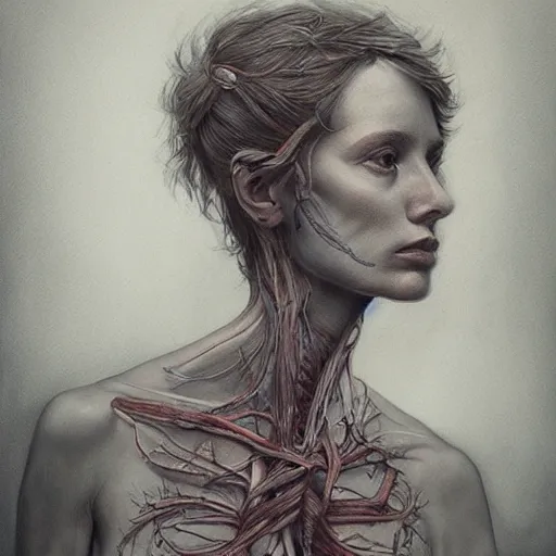 Prompt: masterpiece portrait woman, bones and veins, marco mazzoni, zdzislaw beksinksi