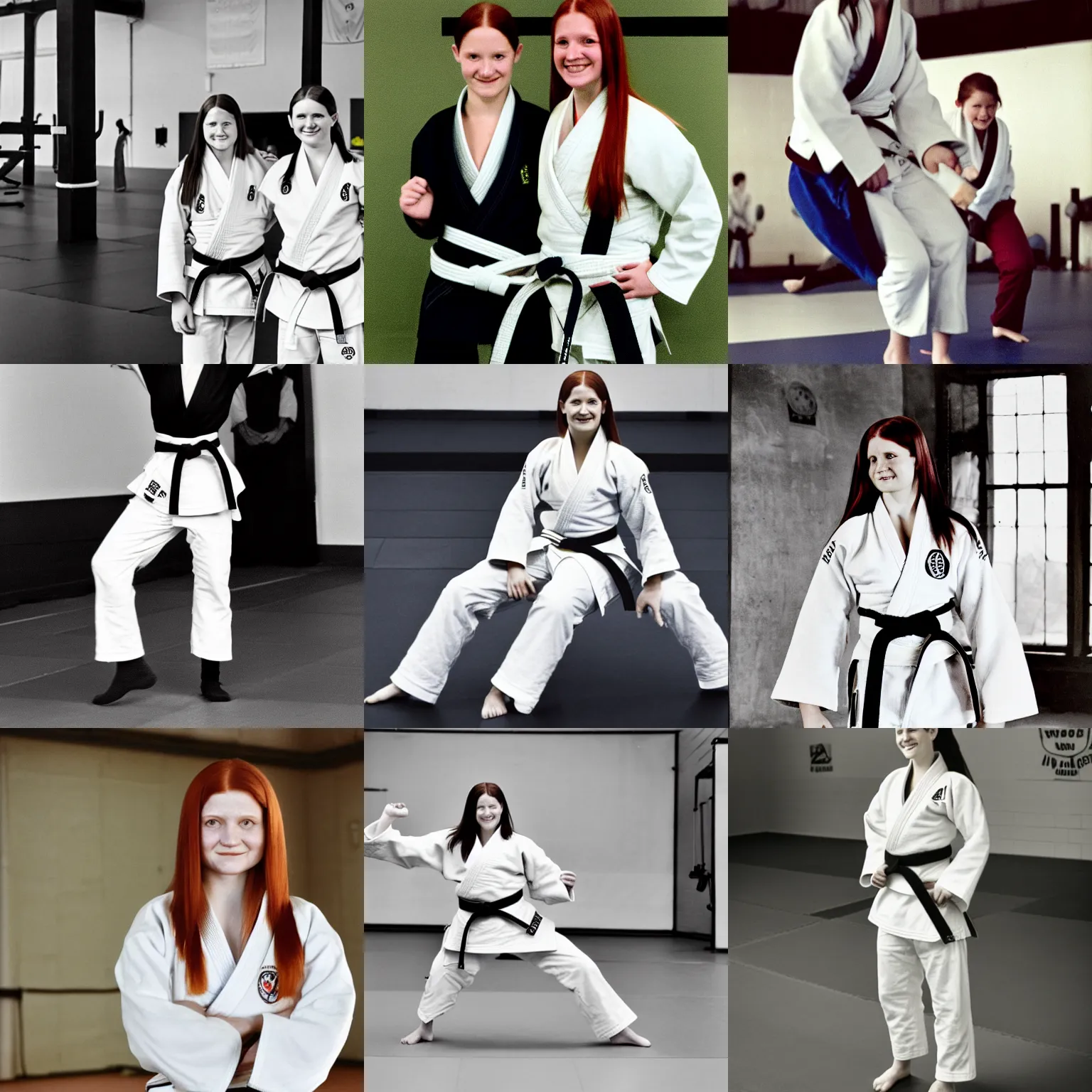 Prompt: Ginny Weasley/Bonnie Wright as a judo black belt teacher, wearing white clothes, in a gym, smiling, 1918, detailed high quality photo by Annie Leibovitz