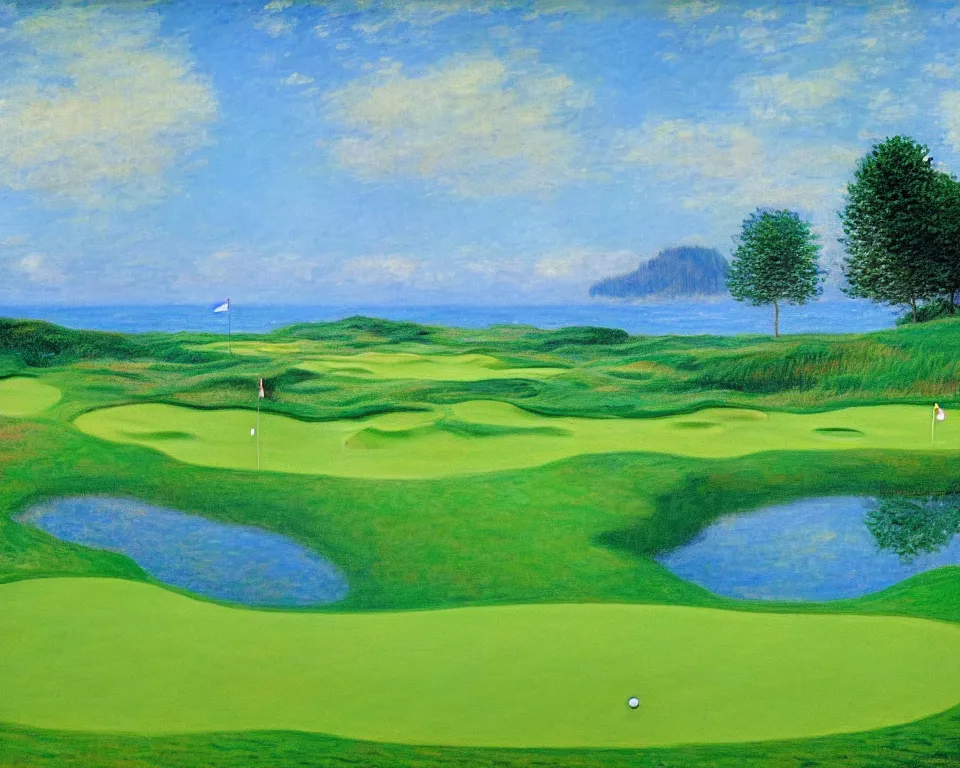 Image similar to achingly beautiful painting of pacific dunes golf course by rene magritte, monet, and turner.