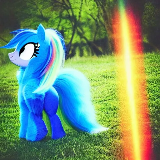 Image similar to 🐎🍑, Rainbow Dash, light blue fur, cutie mark, rainbow tail, equine photography